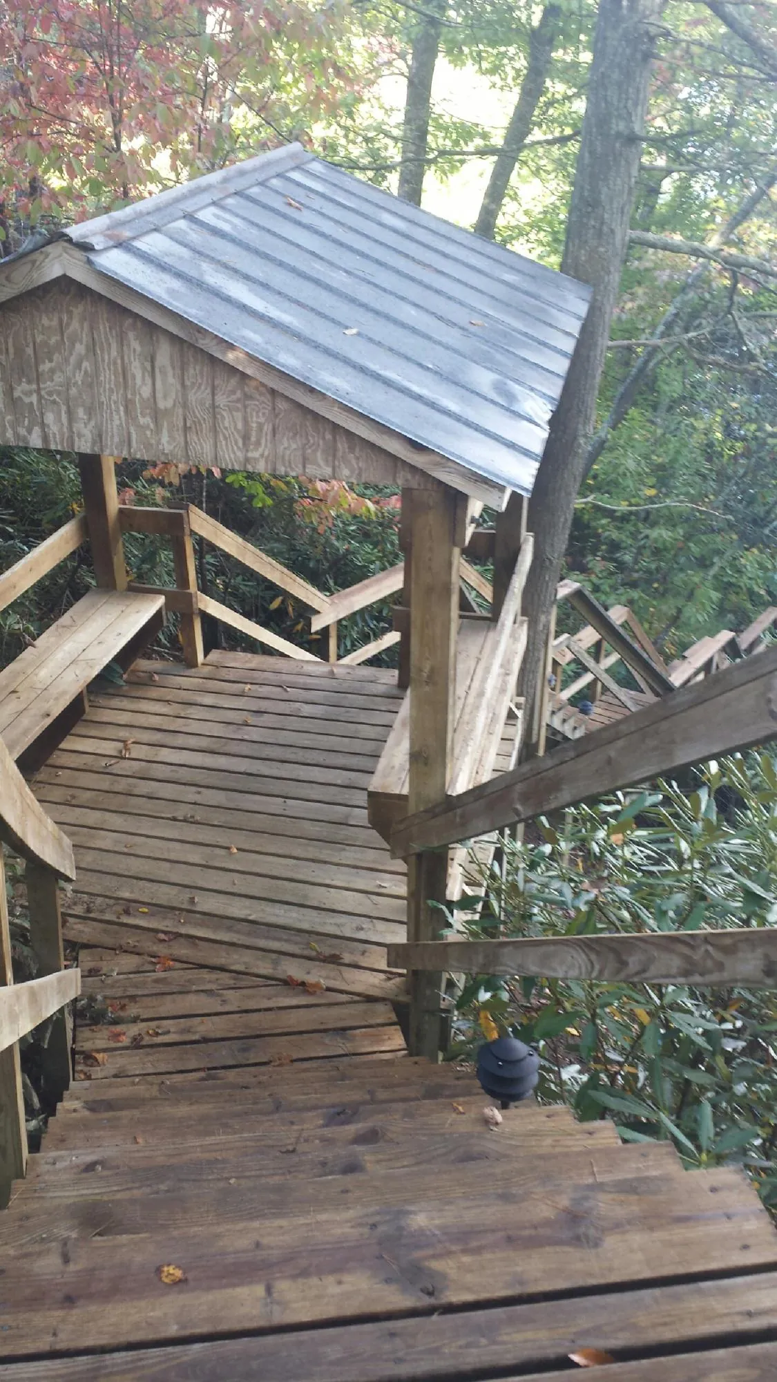 Metal roofed shelter over wooden steps on a wooded walkway — Skylight Repair & Installation work by our crew in Magee
